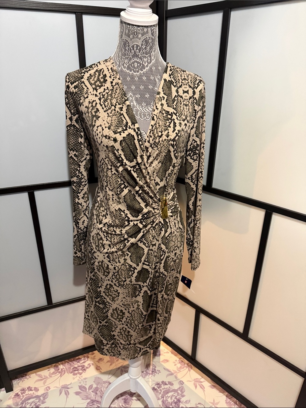 Chaps Beige and Black Snake-Print Long Sleeve Wrap Dress with Buckle